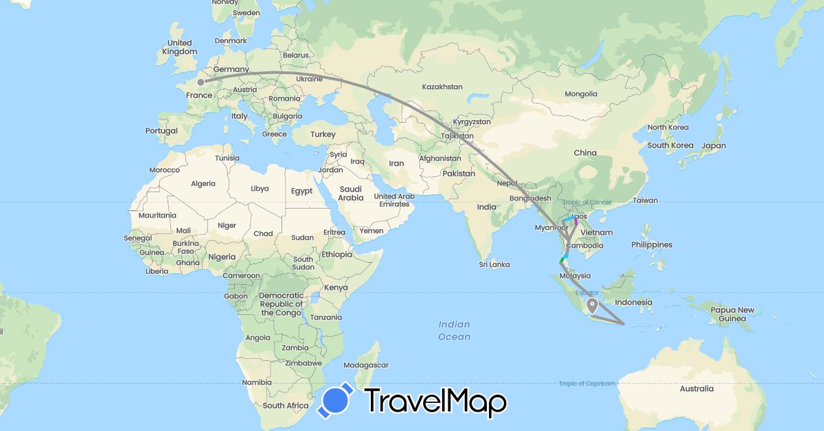 TravelMap itinerary: driving, bus, plane, train, boat in France, Indonesia, Laos, Malaysia, Thailand (Asia, Europe)